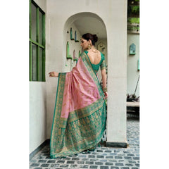 Generic Women's Silk Blend Booti Work Ready to wear Saree With Unstitched Blouse 5.5Mtr (Peach)