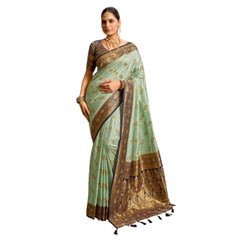 Women's Silk Blend Booti Work Ready to wear Saree With Unstitched Blouse 5.5Mtr (SeaGreen)