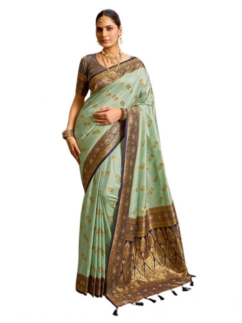 Women's Silk Blend Booti Work Ready to wear Saree With Unstitched Blouse 5.5Mtr (SeaGreen)