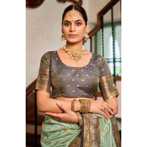 Women's Silk Blend Booti Work Ready to wear Saree With Unstitched Blouse 5.5Mtr (SeaGreen)