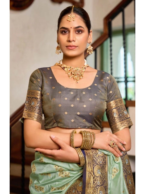 Women's Silk Blend Booti Work Ready to wear Saree With Unstitched Blouse 5.5Mtr (SeaGreen)