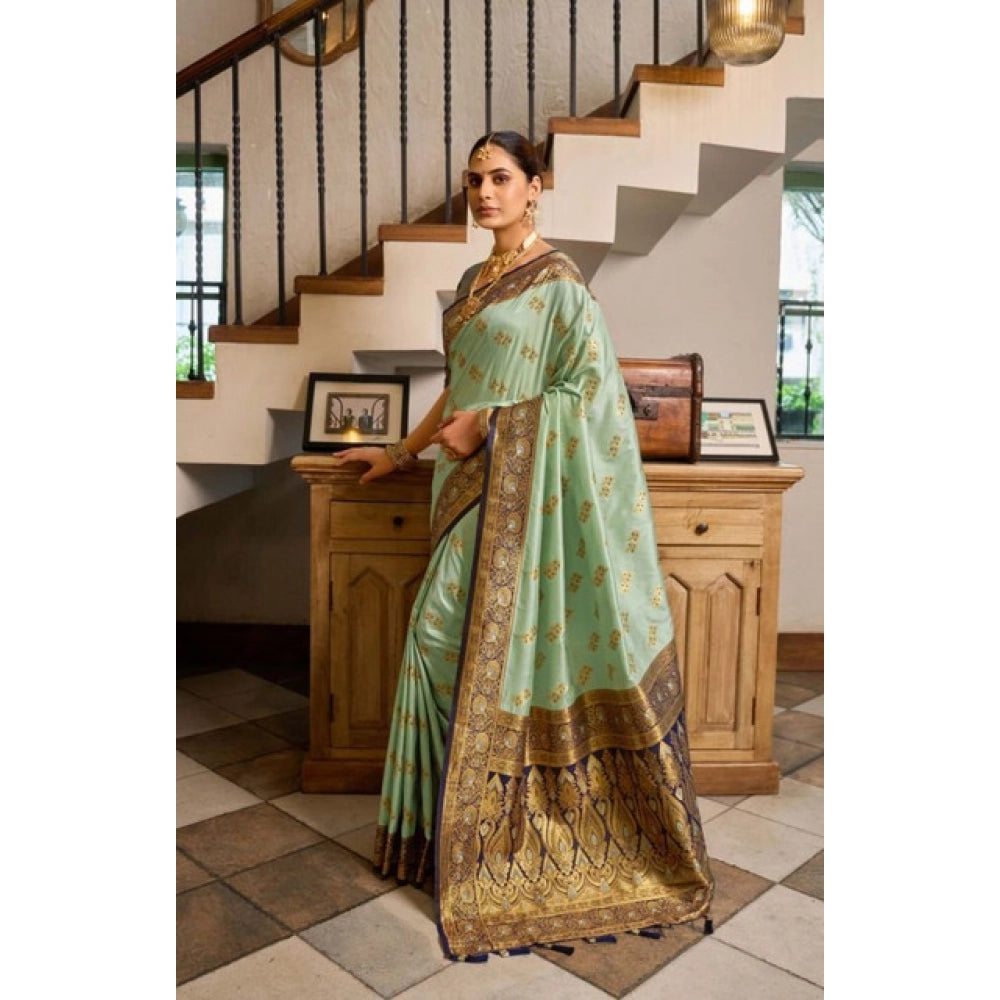 Women's Silk Blend Booti Work Ready to wear Saree With Unstitched Blouse 5.5Mtr (SeaGreen)