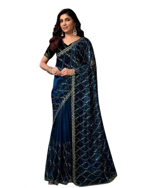 Generic Women's Net Sequence Saree With Unstitched Blouse 5.5Mtr (Blue)