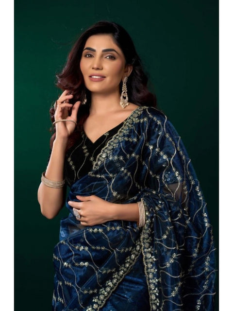 Generic Women's Net Sequence Saree With Unstitched Blouse 5.5Mtr (Blue)