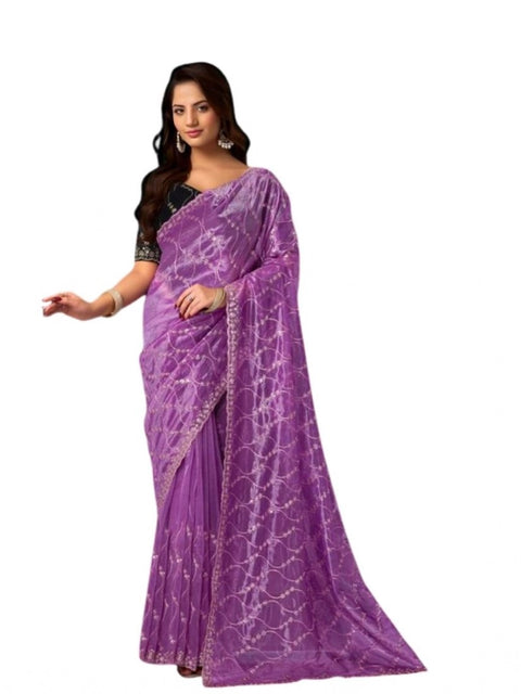 Generic Women's Net Sequence Saree With Unstitched Blouse 5.5Mtr (Lavender)