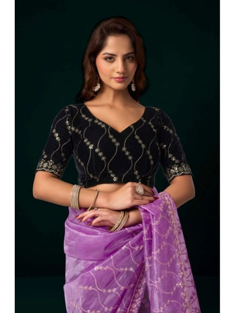 Generic Women's Net Sequence Saree With Unstitched Blouse 5.5Mtr (Lavender)