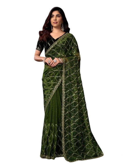 Generic Women's Net Sequence Saree With Unstitched Blouse 5.5Mtr (Light Green)