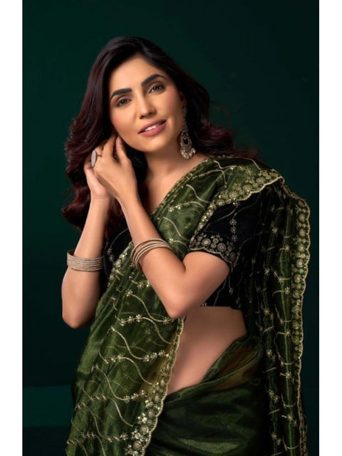 Generic Women's Net Sequence Saree With Unstitched Blouse 5.5Mtr (Light Green)