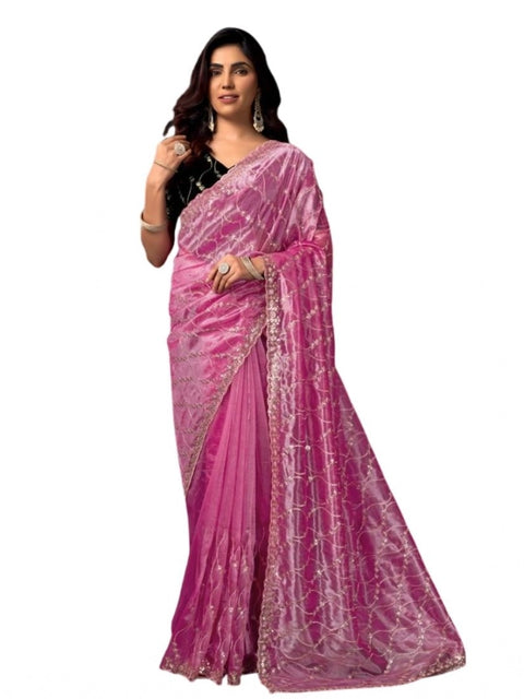 Generic Women's Net Sequence Saree With Unstitched Blouse 5.5Mtr (Light Pink)