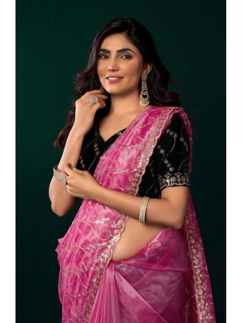 Generic Women's Net Sequence Saree With Unstitched Blouse 5.5Mtr (Light Pink)