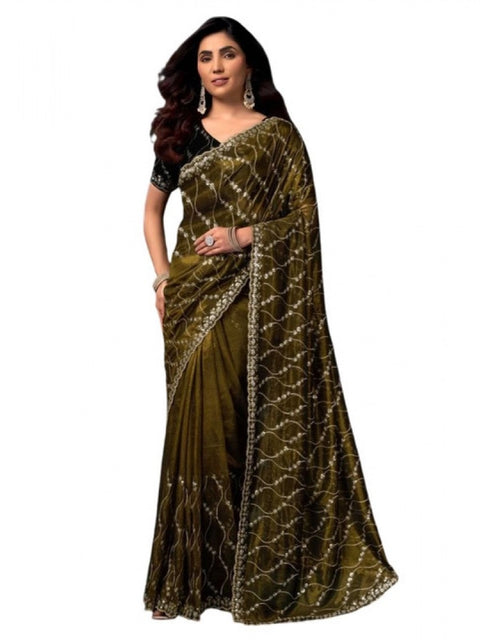 Generic Women's Net Sequence Saree With Unstitched Blouse 5.5Mtr (Mahendi)