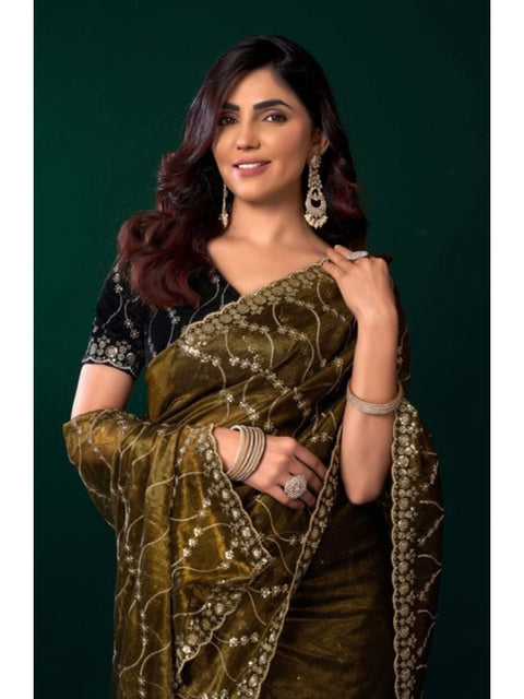 Generic Women's Net Sequence Saree With Unstitched Blouse 5.5Mtr (Mahendi)