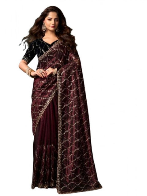 Generic Women's Net Sequence Saree With Unstitched Blouse 5.5Mtr (Maroon)