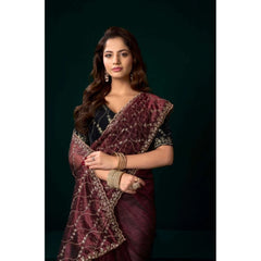 Generic Women's Net Sequence Saree With Unstitched Blouse 5.5Mtr (Maroon)