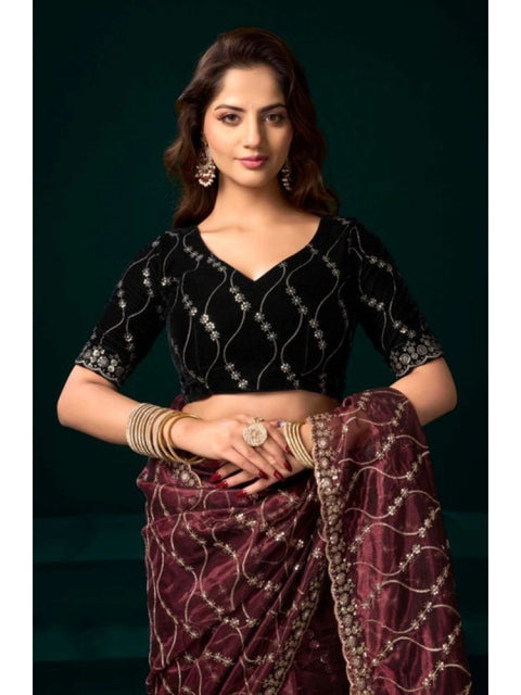 Generic Women's Net Sequence Saree With Unstitched Blouse 5.5Mtr (Maroon)