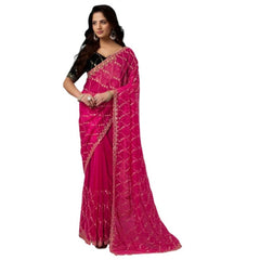 Generic Women's Net Sequence Saree With Unstitched Blouse 5.5Mtr (Pink)