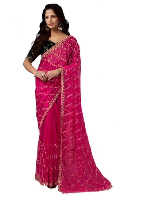 Generic Women's Net Sequence Saree With Unstitched Blouse 5.5Mtr (Pink)