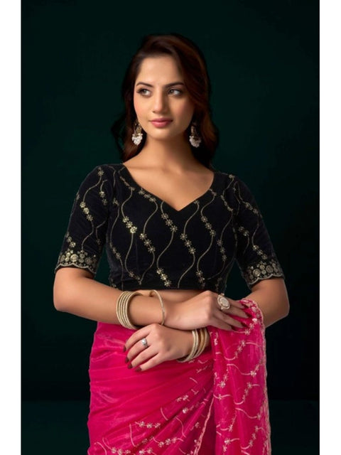 Generic Women's Net Sequence Saree With Unstitched Blouse 5.5Mtr (Pink)