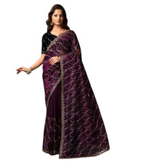 Generic Women's Net Sequence Saree With Unstitched Blouse 5.5Mtr (Purple)