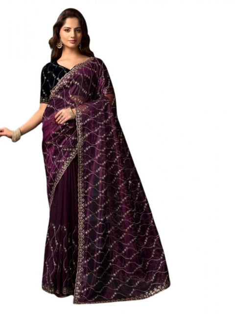 Generic Women's Net Sequence Saree With Unstitched Blouse 5.5Mtr (Purple)