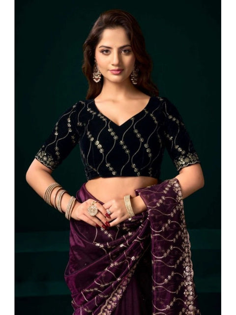 Generic Women's Net Sequence Saree With Unstitched Blouse 5.5Mtr (Purple)