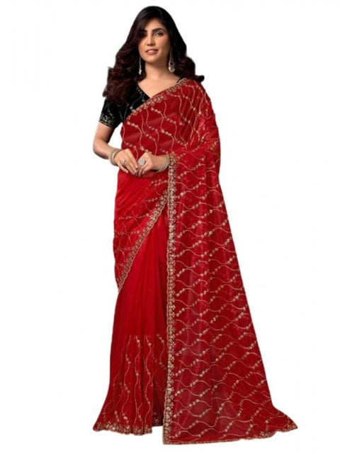 Generic Women's Net Sequence Saree With Unstitched Blouse 5.5Mtr (Red)