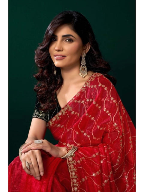 Generic Women's Net Sequence Saree With Unstitched Blouse 5.5Mtr (Red)