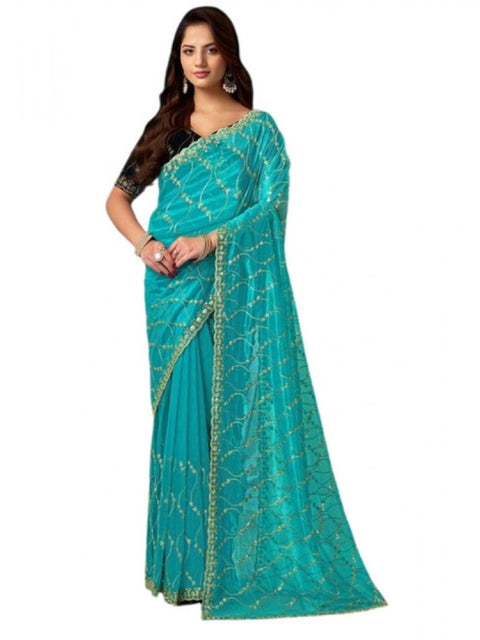 Generic Women's Net Sequence Saree With Unstitched Blouse 5.5Mtr (Turquoise)