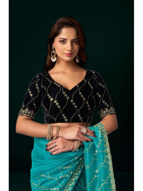 Generic Women's Net Sequence Saree With Unstitched Blouse 5.5Mtr (Turquoise)