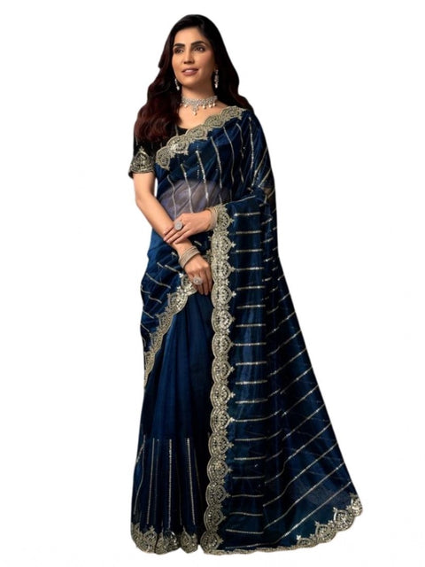 Generic Women's Net Sequence Saree With Unstitched Blouse 5.5Mtr (Blue)