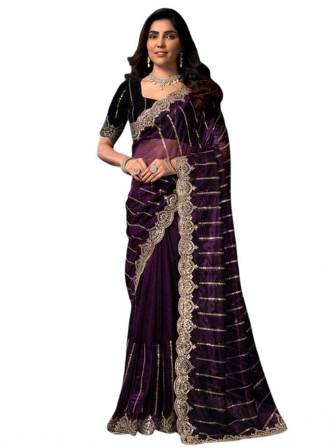 Generic Women's Net Sequence Saree With Unstitched Blouse 5.5Mtr (Wine)