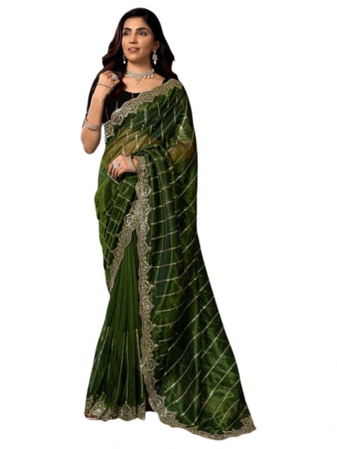 Generic Women's Net Sequence Saree With Unstitched Blouse 5.5Mtr (Green)