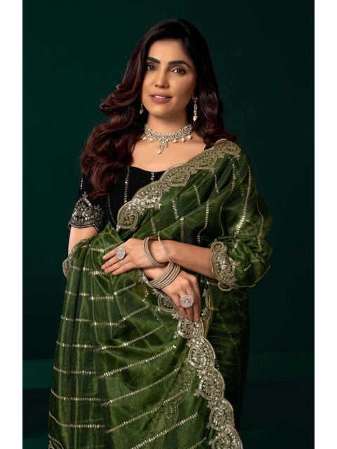 Generic Women's Net Sequence Saree With Unstitched Blouse 5.5Mtr (Green)