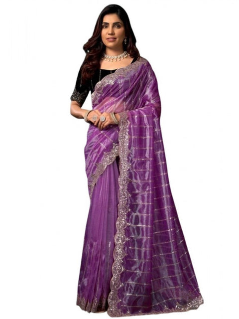 Generic Women's Net Sequence Saree With Unstitched Blouse 5.5Mtr (Lavender)