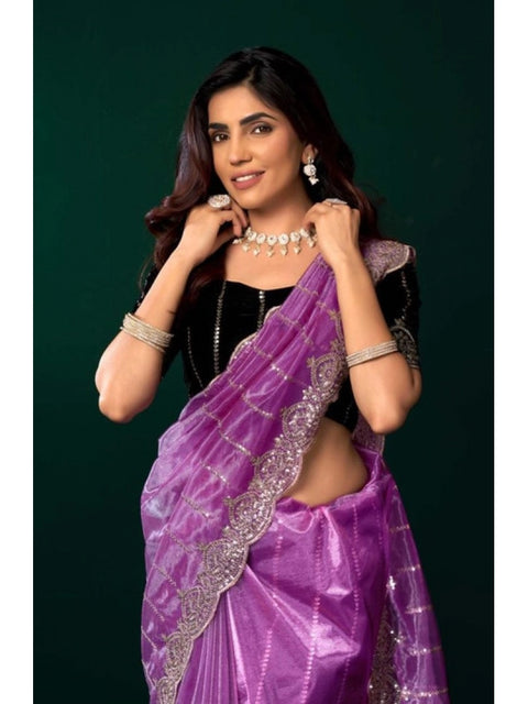 Generic Women's Net Sequence Saree With Unstitched Blouse 5.5Mtr (Lavender)