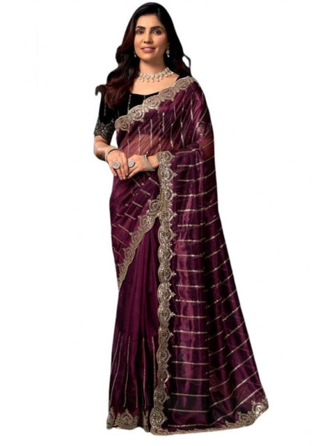 Generic Women's Net Sequence Saree With Unstitched Blouse 5.5Mtr (Maroon)