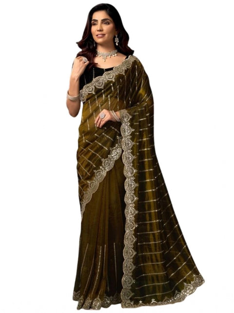 Generic Women's Net Sequence Saree With Unstitched Blouse 5.5Mtr (Olive)