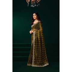 Generic Women's Net Sequence Saree With Unstitched Blouse 5.5Mtr (Olive)