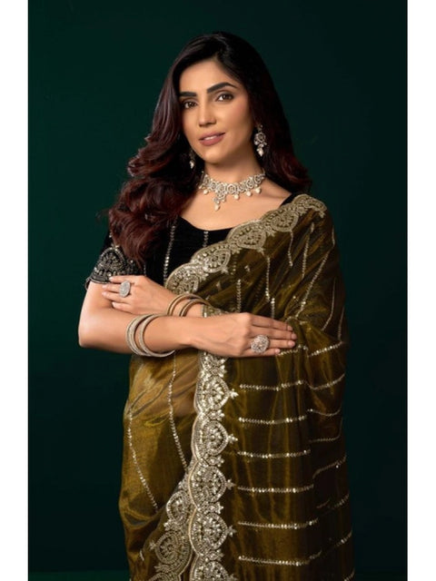 Generic Women's Net Sequence Saree With Unstitched Blouse 5.5Mtr (Olive)