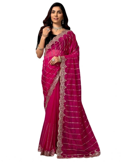 Generic Women's Net Sequence Saree With Unstitched Blouse 5.5Mtr (Pink)