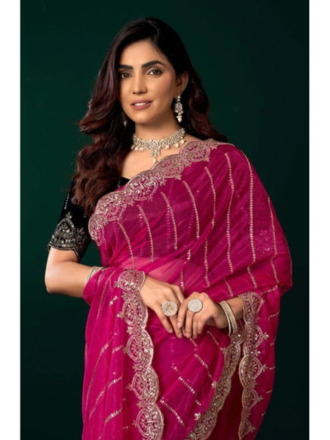 Generic Women's Net Sequence Saree With Unstitched Blouse 5.5Mtr (Pink)