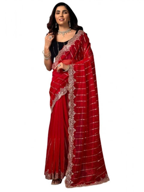 Generic Women's Net Sequence Saree With Unstitched Blouse 5.5Mtr (Red)