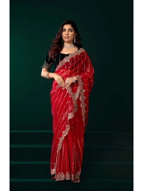 Generic Women's Net Sequence Saree With Unstitched Blouse 5.5Mtr (Red)