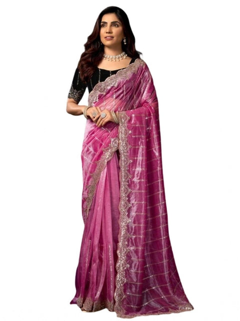 Generic Women's Net Sequence Saree With Unstitched Blouse 5.5Mtr (Pink)