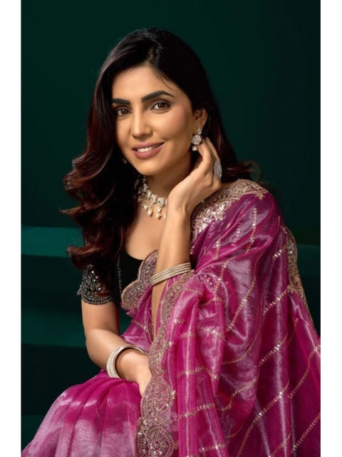Generic Women's Net Sequence Saree With Unstitched Blouse 5.5Mtr (Pink)