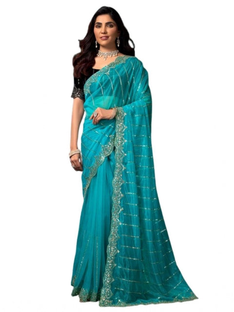 Generic Women's Net Sequence Saree With Unstitched Blouse 5.5Mtr (Turquoise)