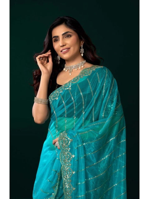 Generic Women's Net Sequence Saree With Unstitched Blouse 5.5Mtr (Turquoise)
