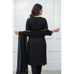 Women's Georgette Ethnic Motif Round 3/4th Sleeve Kurti With Pant Dupatta Set (Black)