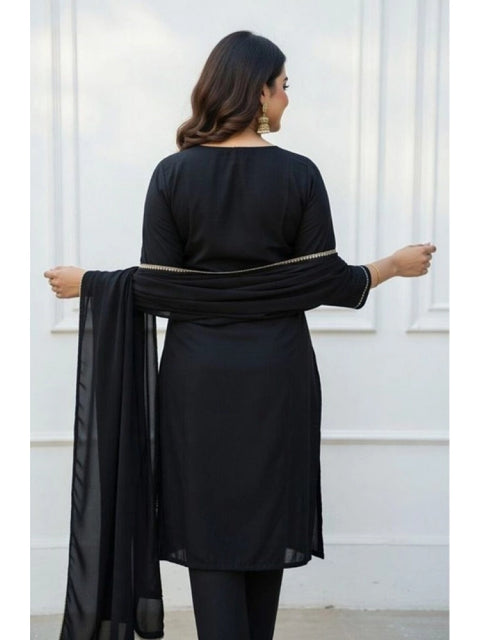 Women's Georgette Ethnic Motif Round 3/4th Sleeve Kurti With Pant Dupatta Set (Black)