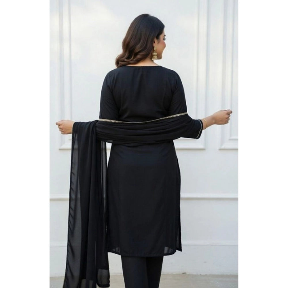 Women's Georgette Ethnic Motif Round 3/4th Sleeve Kurti With Pant Dupatta Set (Black)